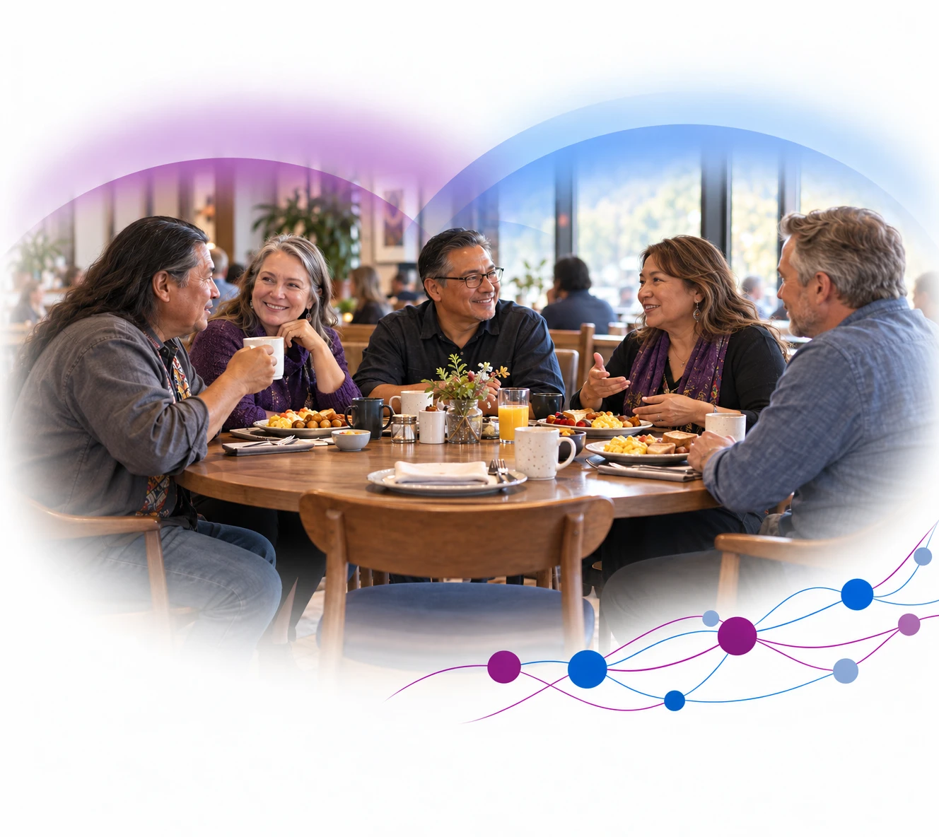 Five people having breakfast together in a restaurant, with an empty chair and place setting ready for someone to join.