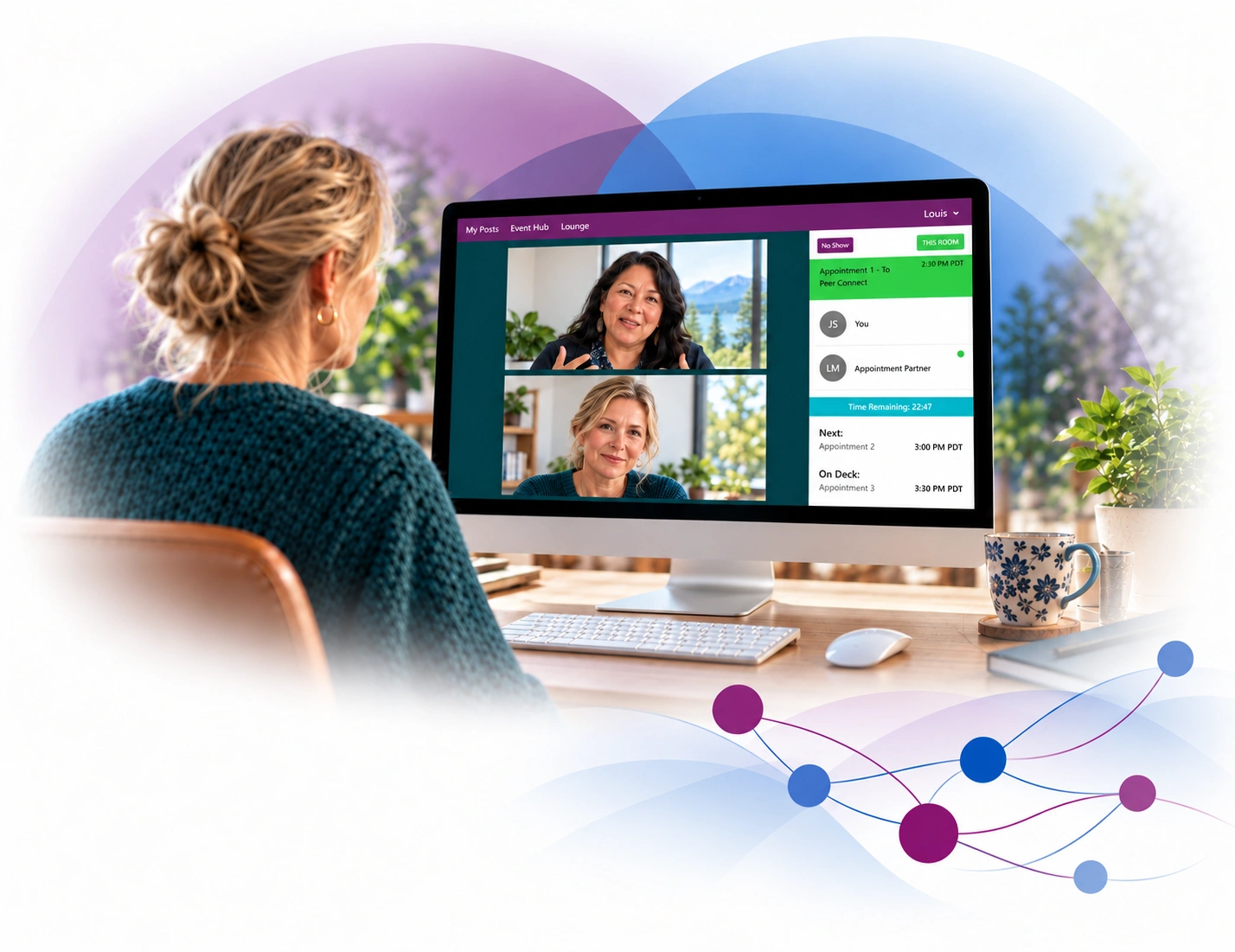 Two women connecting one-on-one through ABM’s Online Meeting Room.